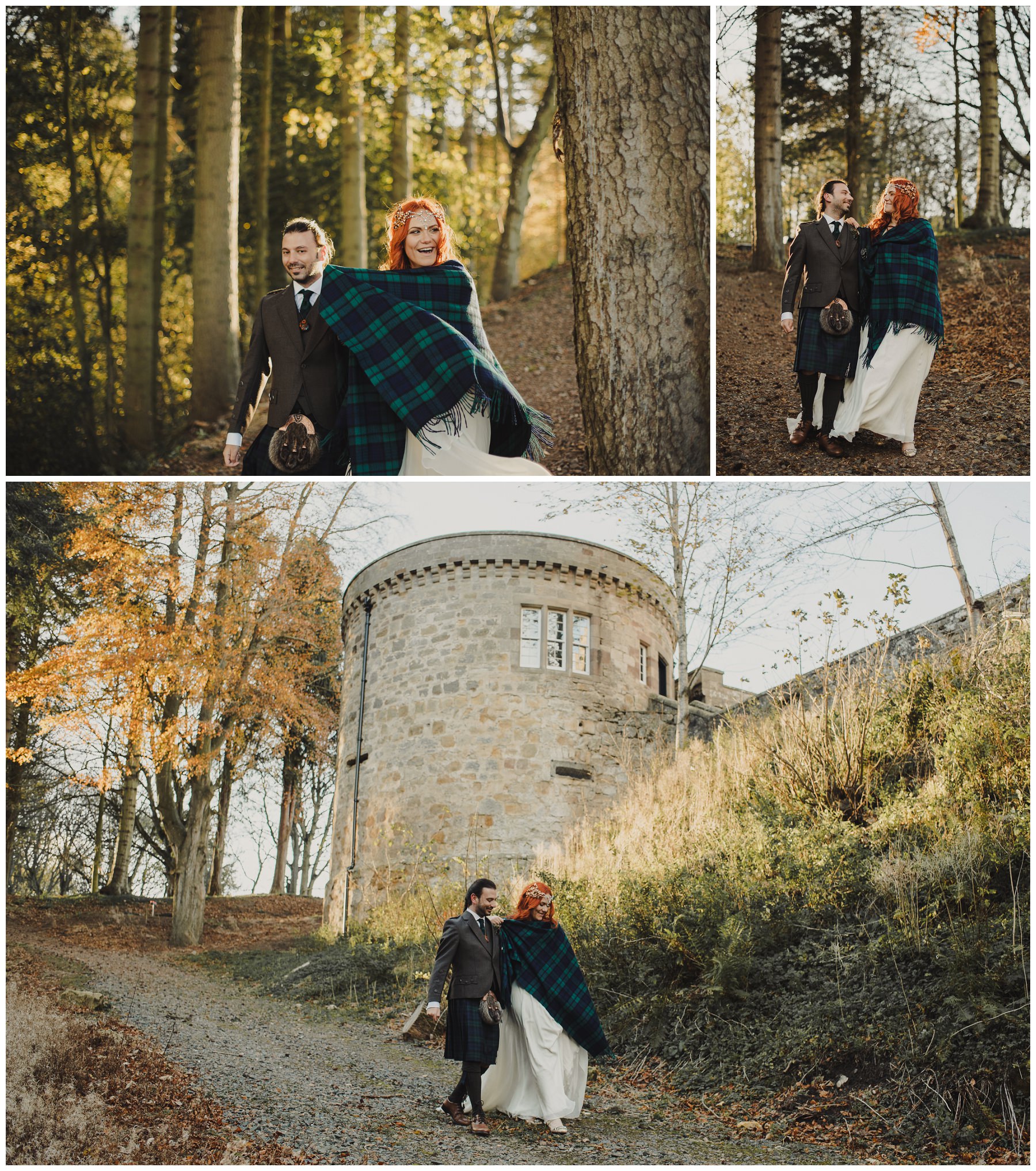 bride and groom walking in the forest