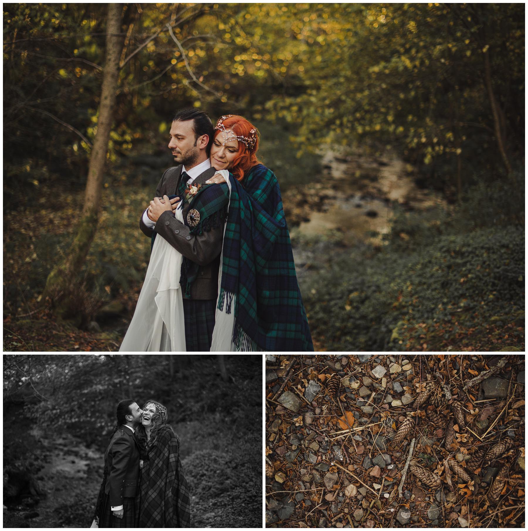 bride and groom in the forest