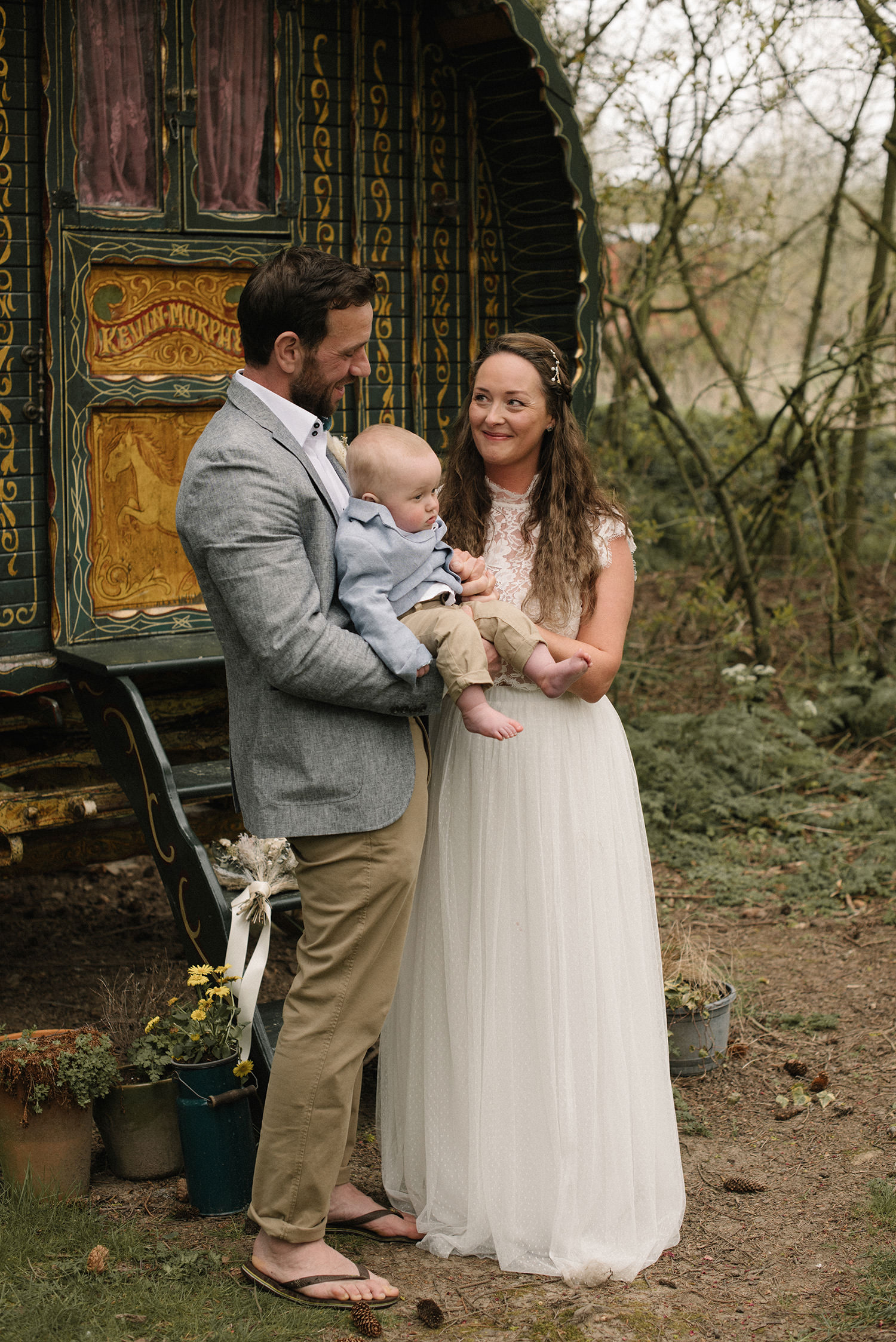 Couple getting married on a gypsy caravan site in the Scottish Borders. 