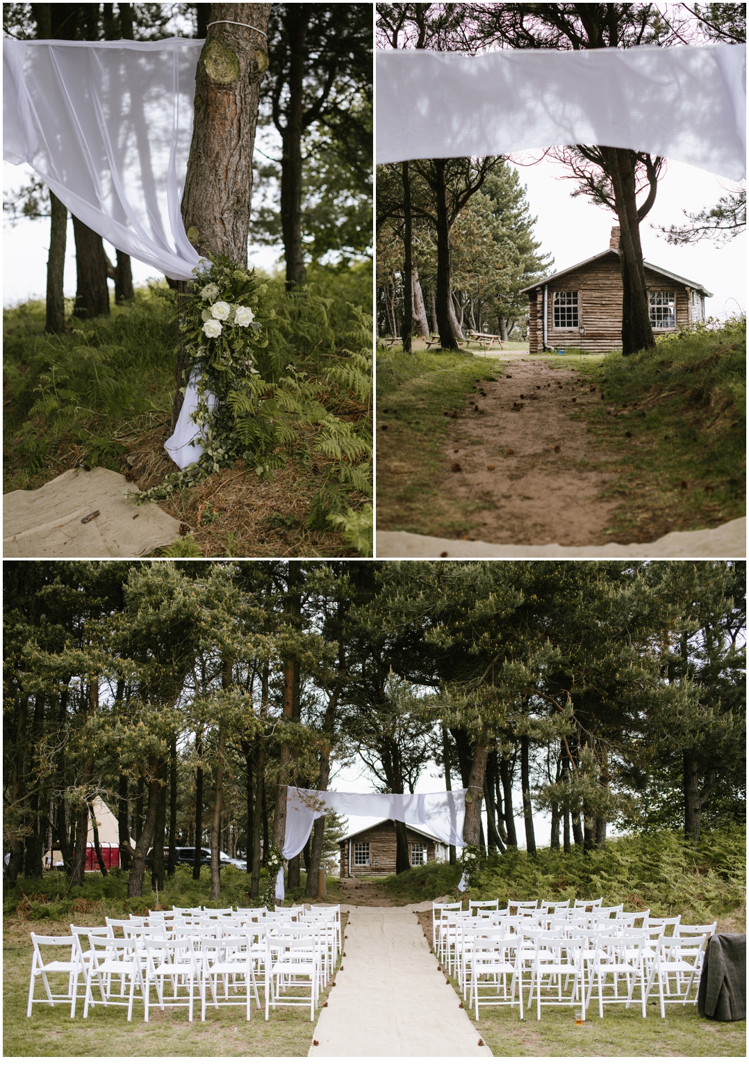 Woodland wedding decor set up for a ceremony.