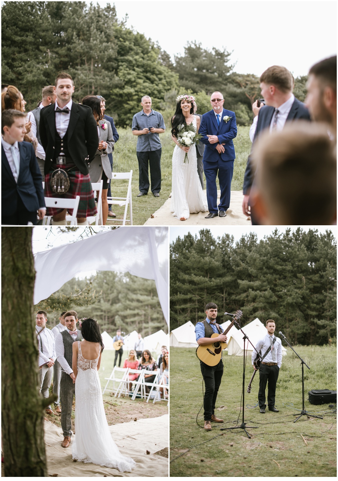 Bride arriving barefoot for her woodland ceremony in East Lothian.