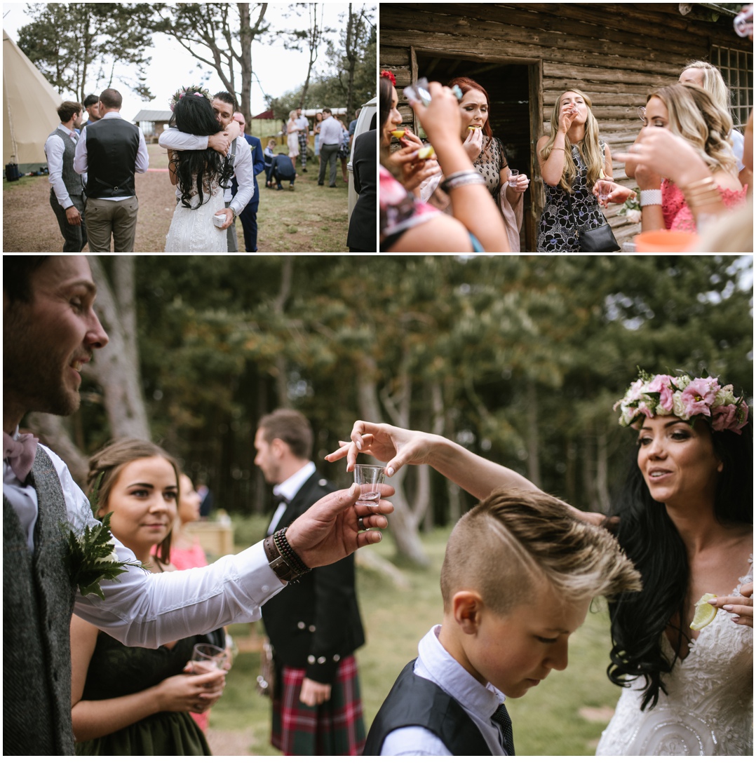 Wedding guests drinking tequila at a wedding in East Lothian.