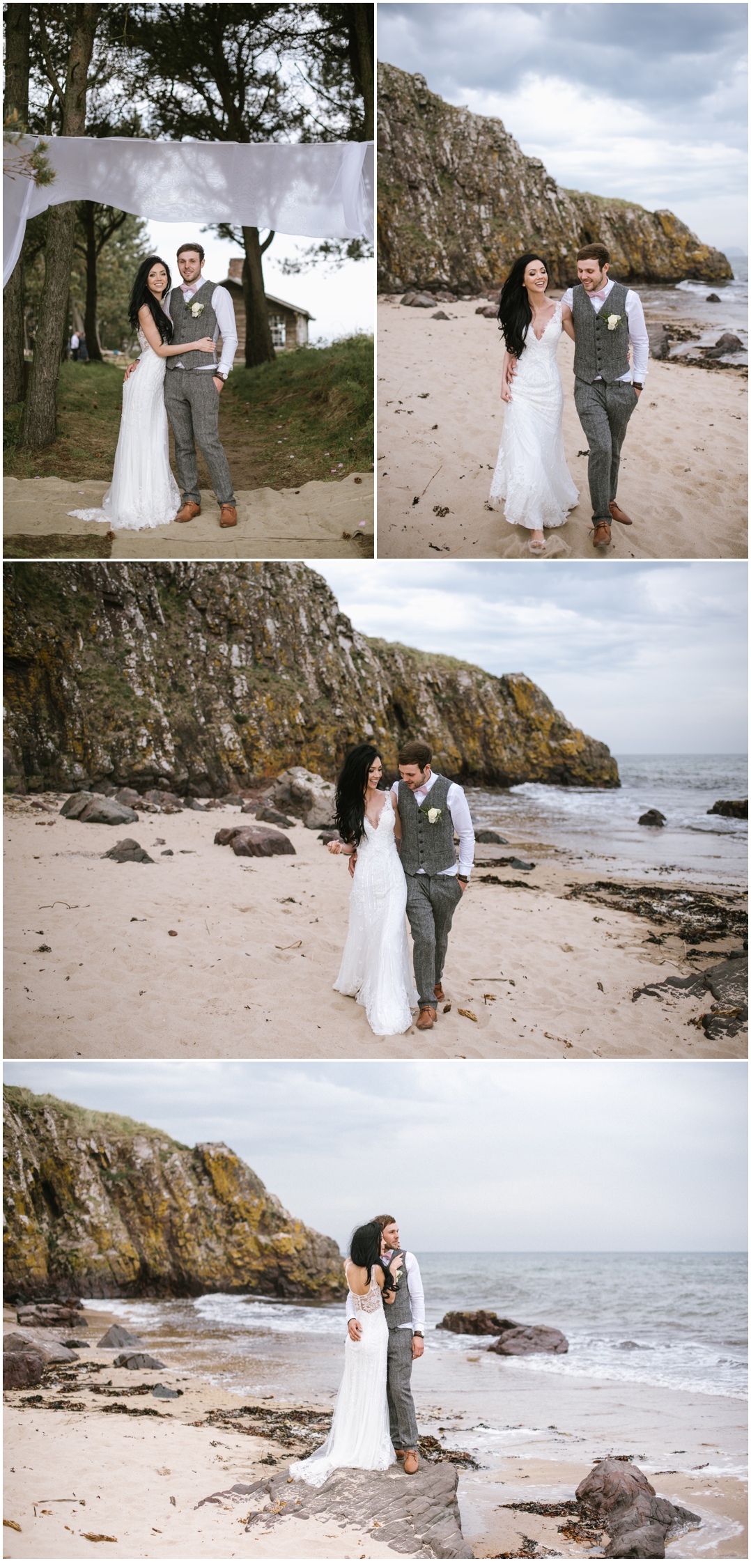 Bride and groom posing for the photos on the beach in East Lothian.