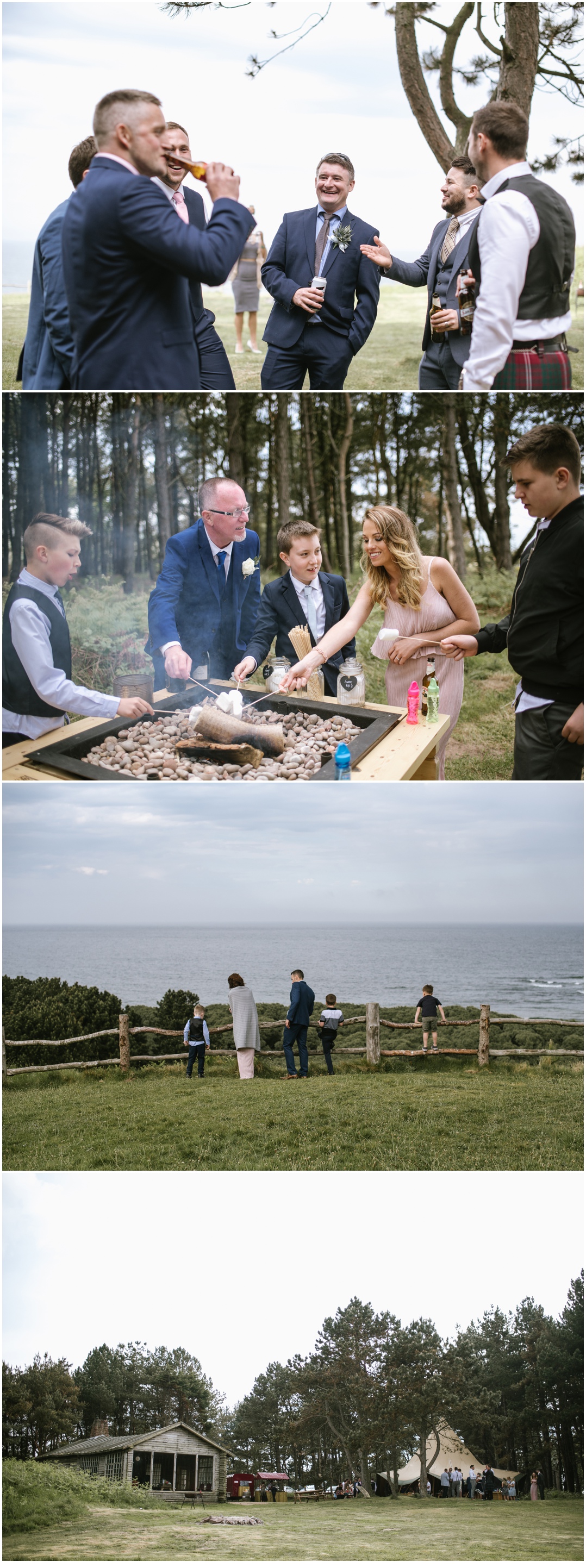 Wedding guests toasting marshmallows at a wedding.