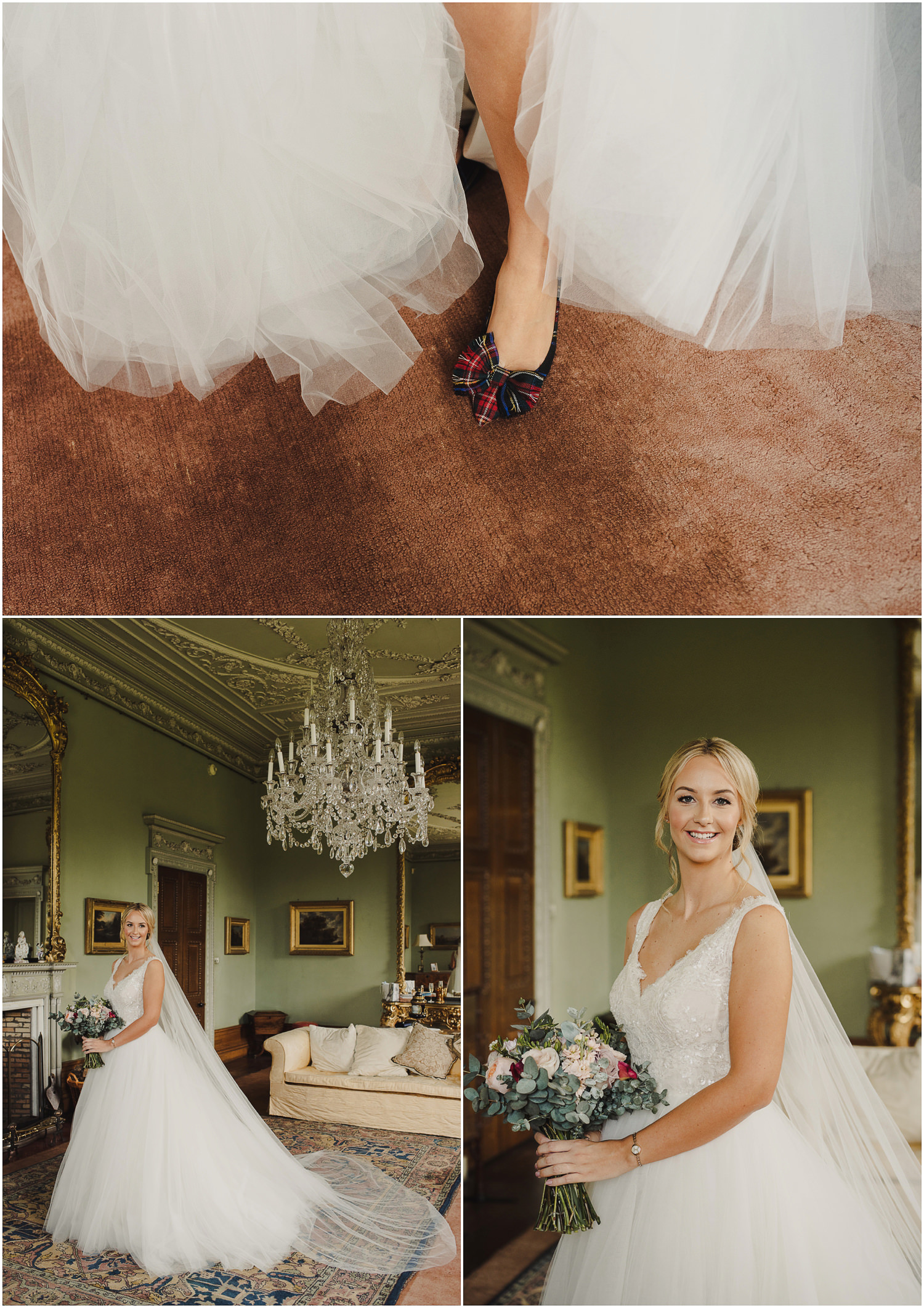 bride wearing tartan shoes