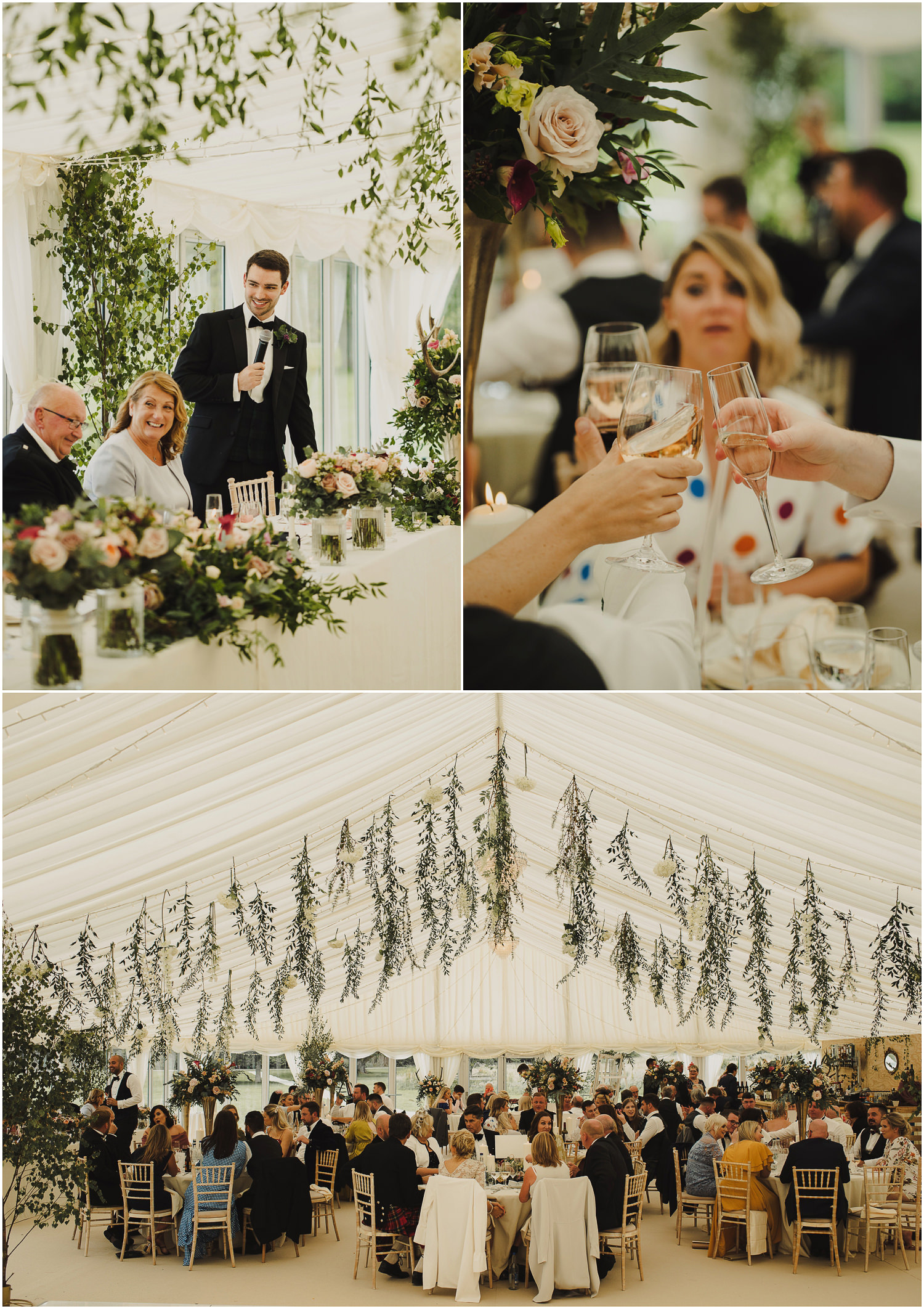 bride and groom listening to speeches