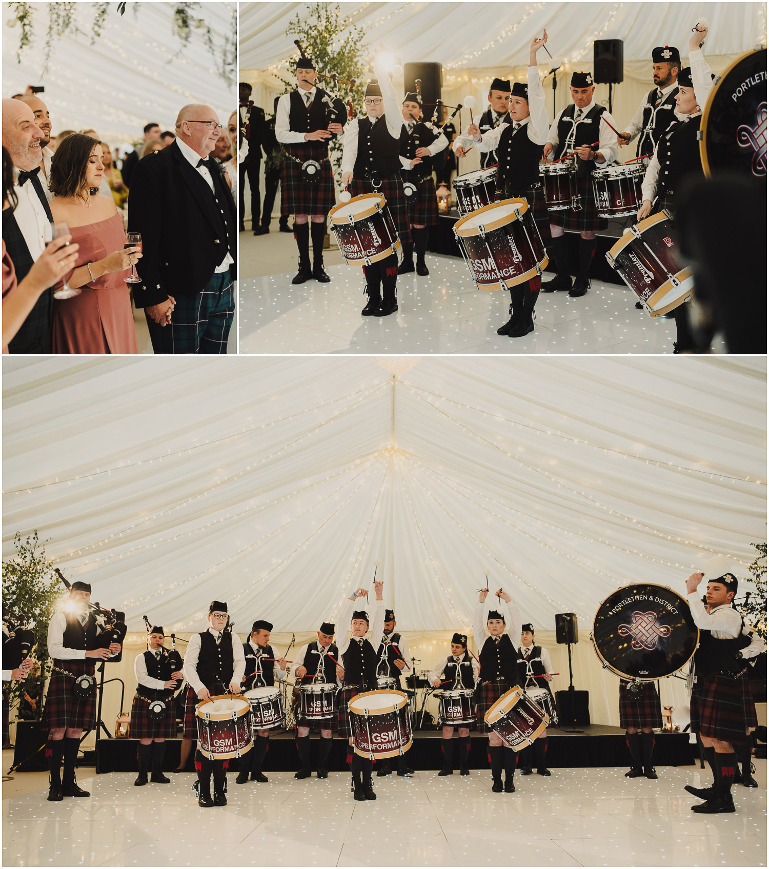 scottish band playing bagpipes at a wedding