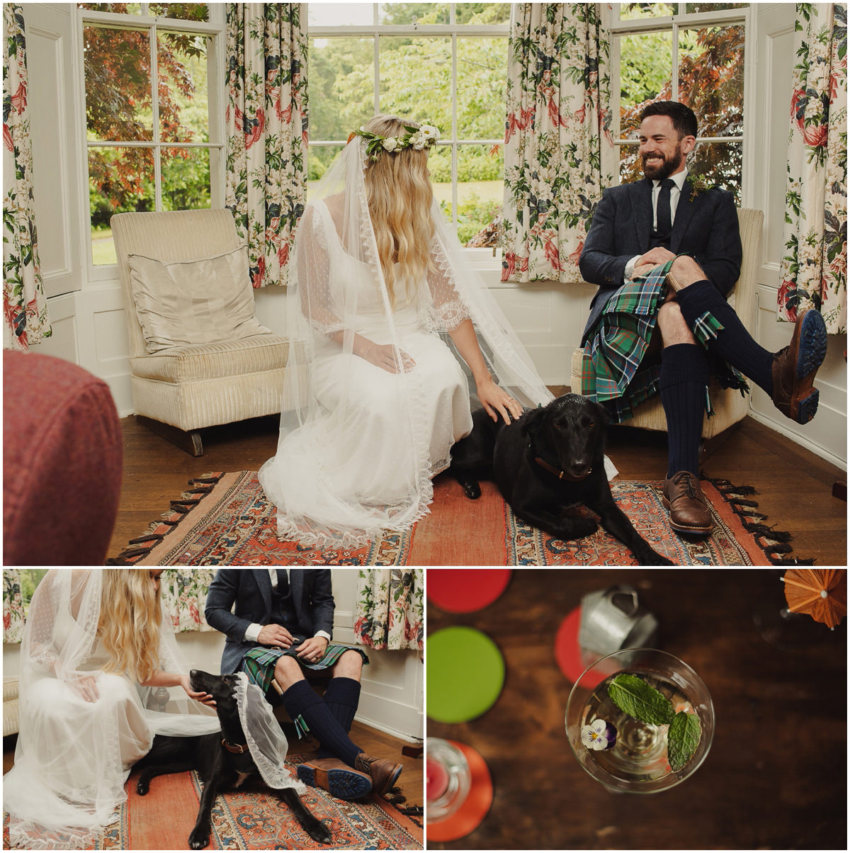 bride and groom with a dog photos