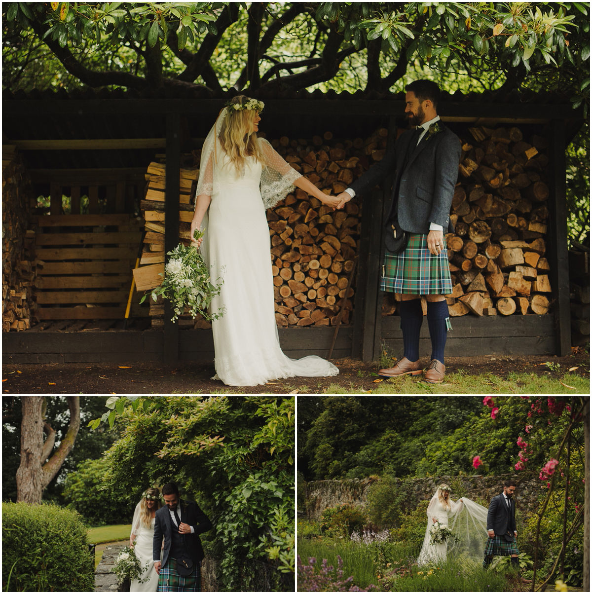 bride and groom under trees