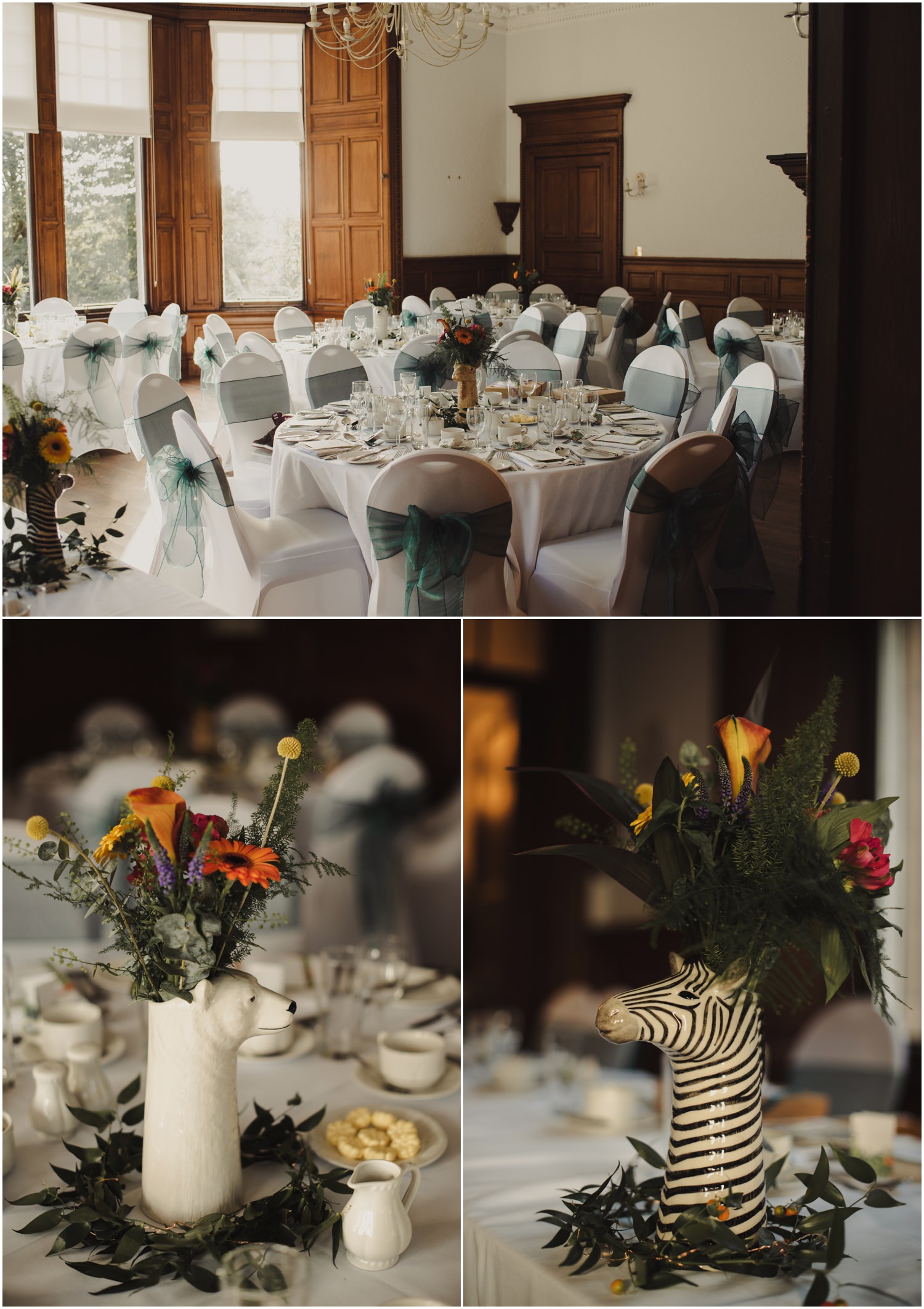 Animal themed decor at a wedding at the Edinburgh Zoo.