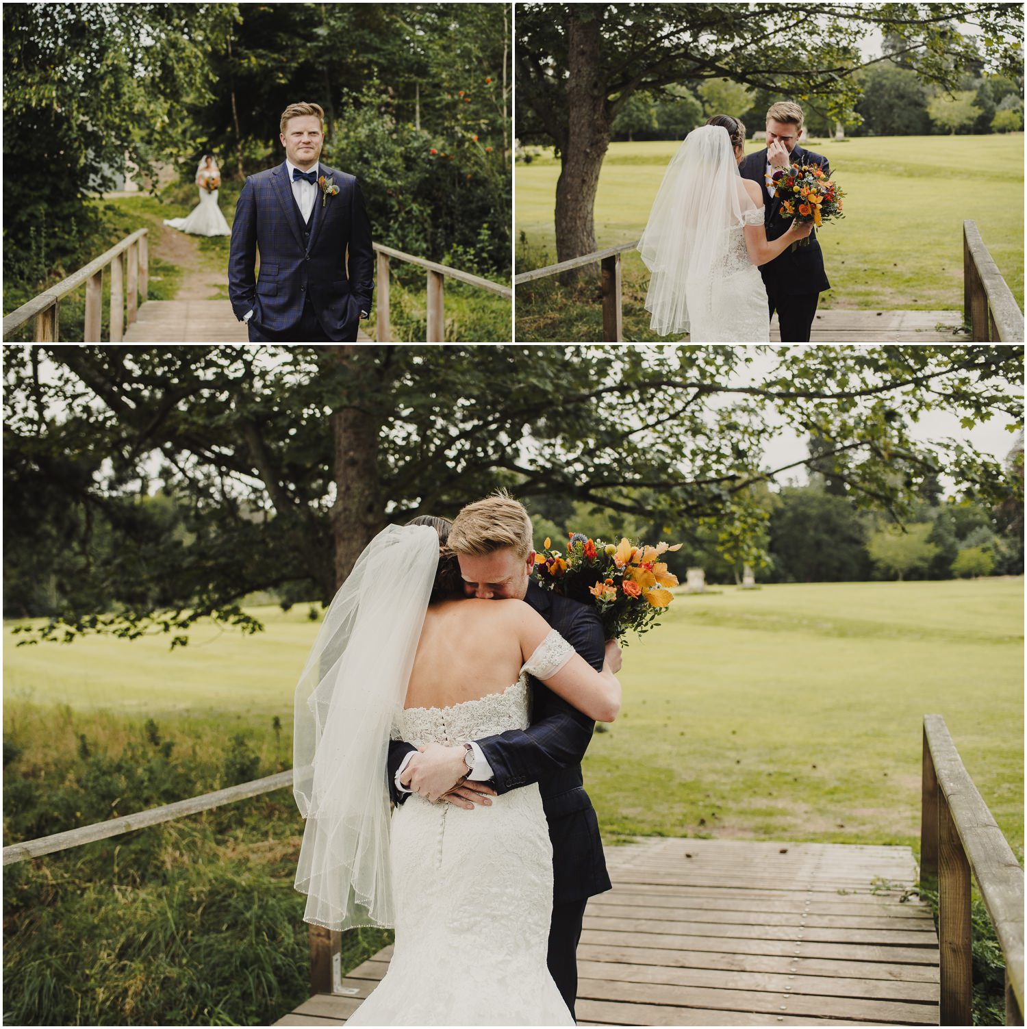 first look bride and groom on the bridge