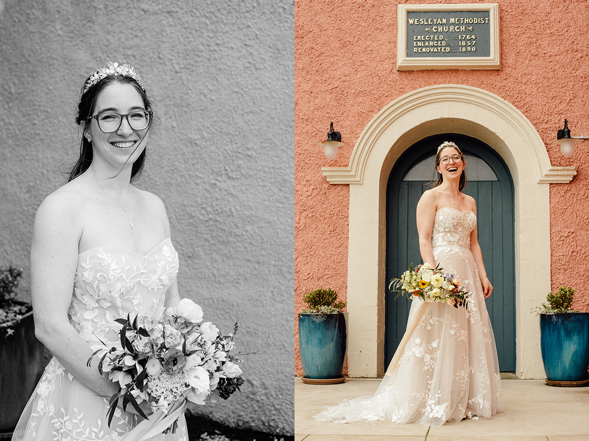 bride wearing lace dress outside the chapel