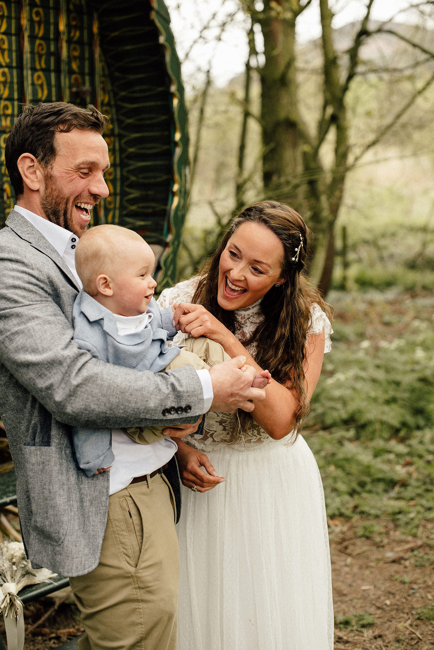 Roulotte Retreat wedding in early April in front of the colourful caravan.