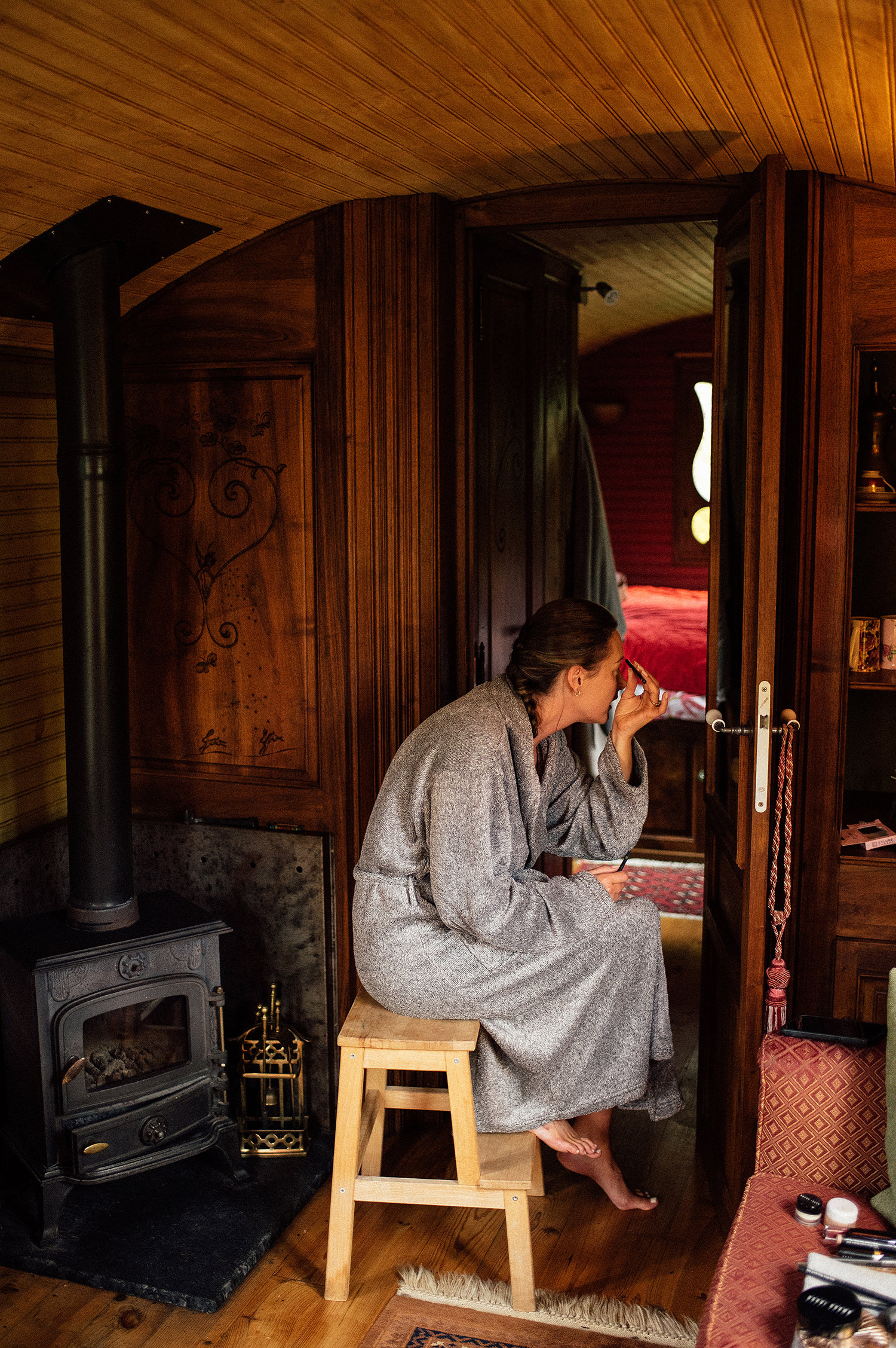 Bride getting ready at the caravan site.