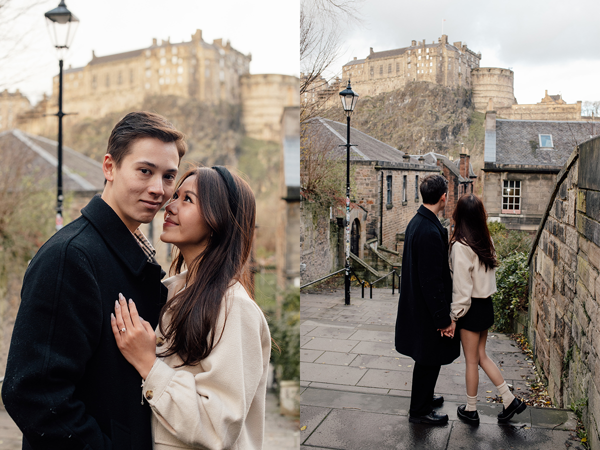 Shermaine and Daryl walking all the way to the Vennel for their Edinburgh engagement photos.