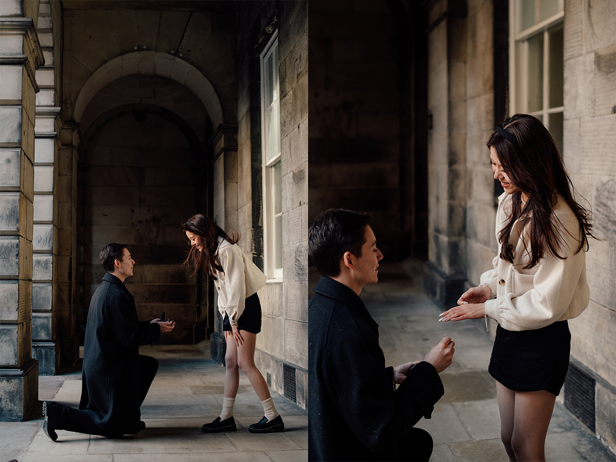 Daryl proposing to Shermaine in the Old Town in Edinburgh.
