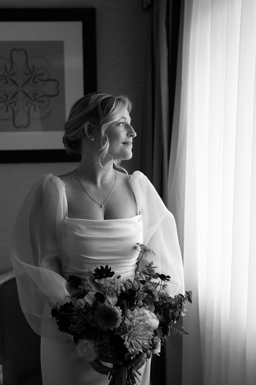 Bride's portrait in black and white taken at the Tigerlilly hotel.