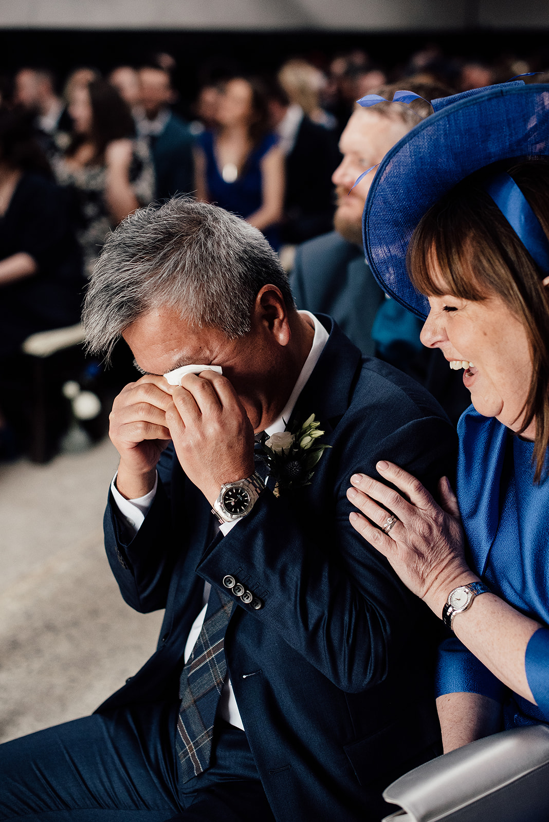 Bride's father crying during the ceremony at Harelaw farm.