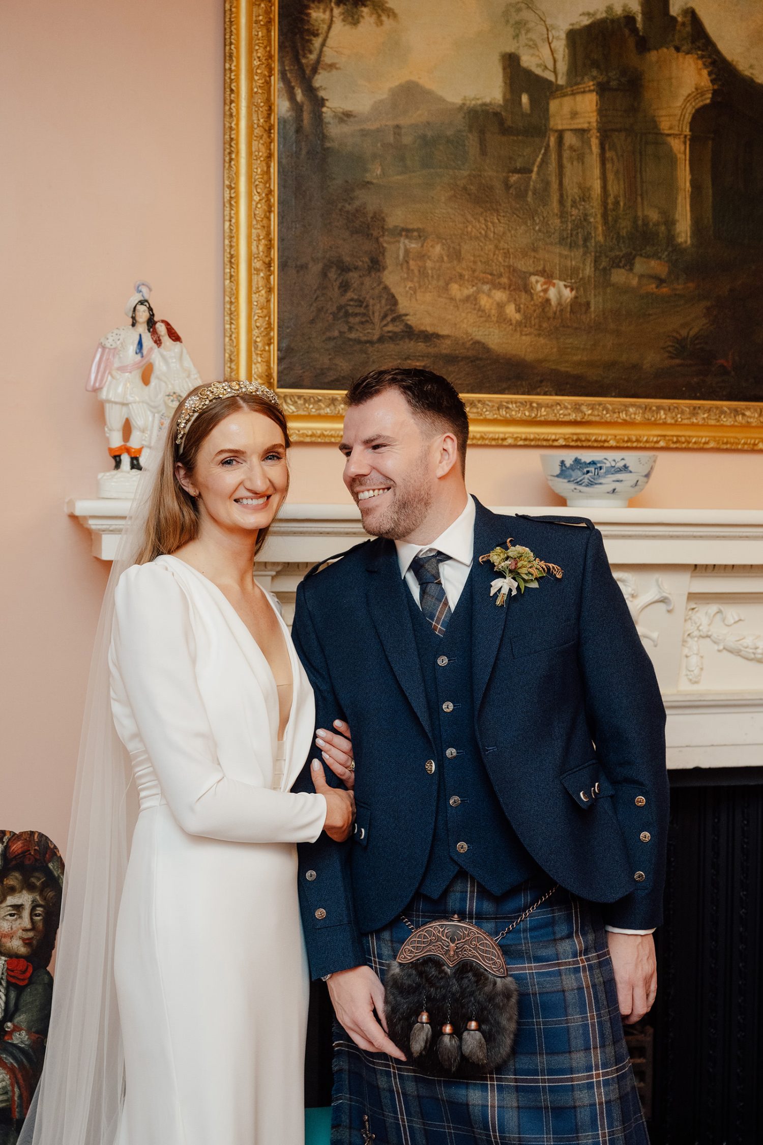 Wedding couple inside Penicuik House.