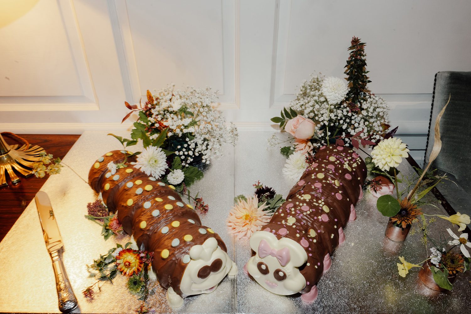 Photo of Colin the caterpillar wedding cakes at a wedding in Scotland.