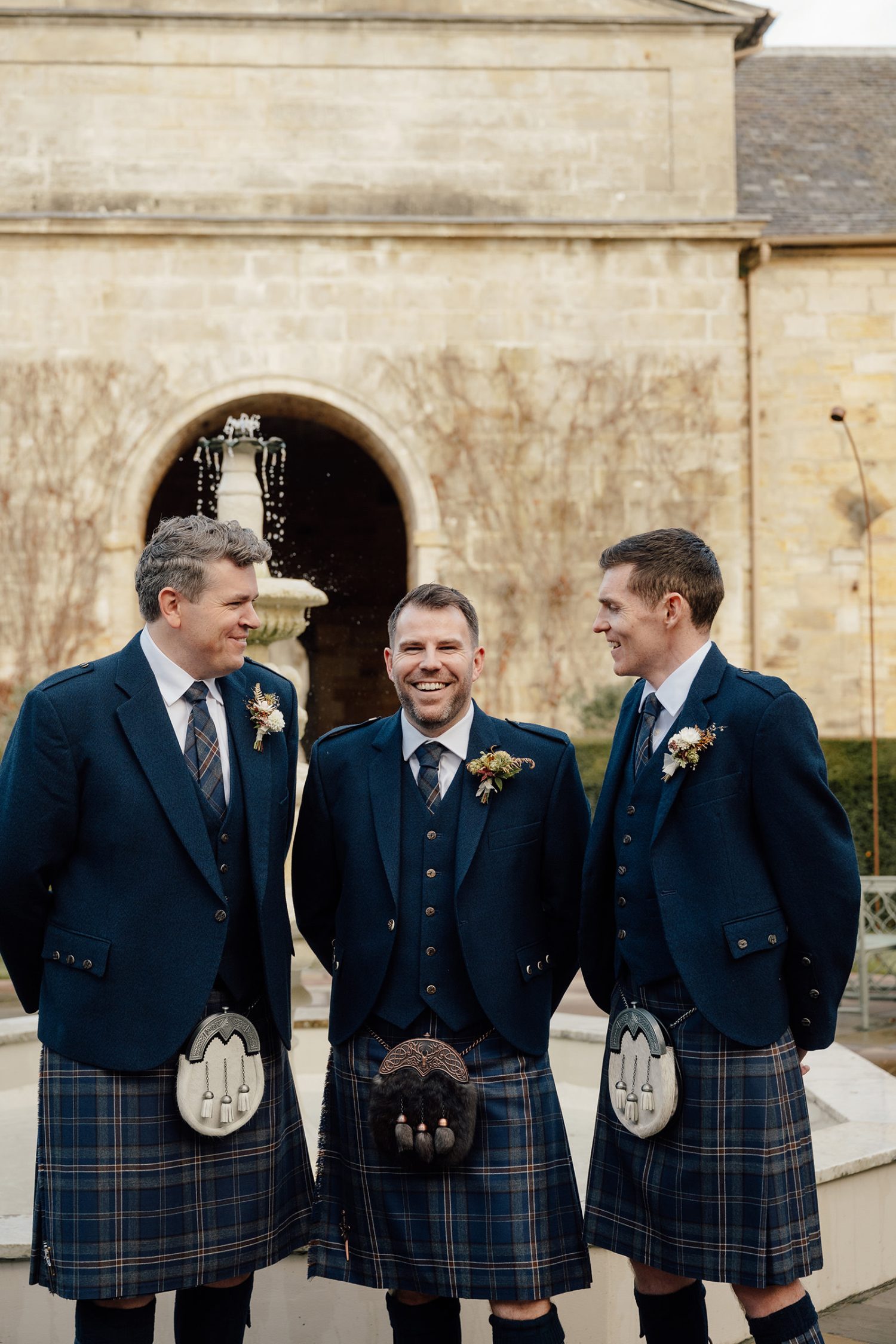 Groom with his best men outside Penicuik House, wedding photos by Edinburgh photographer.