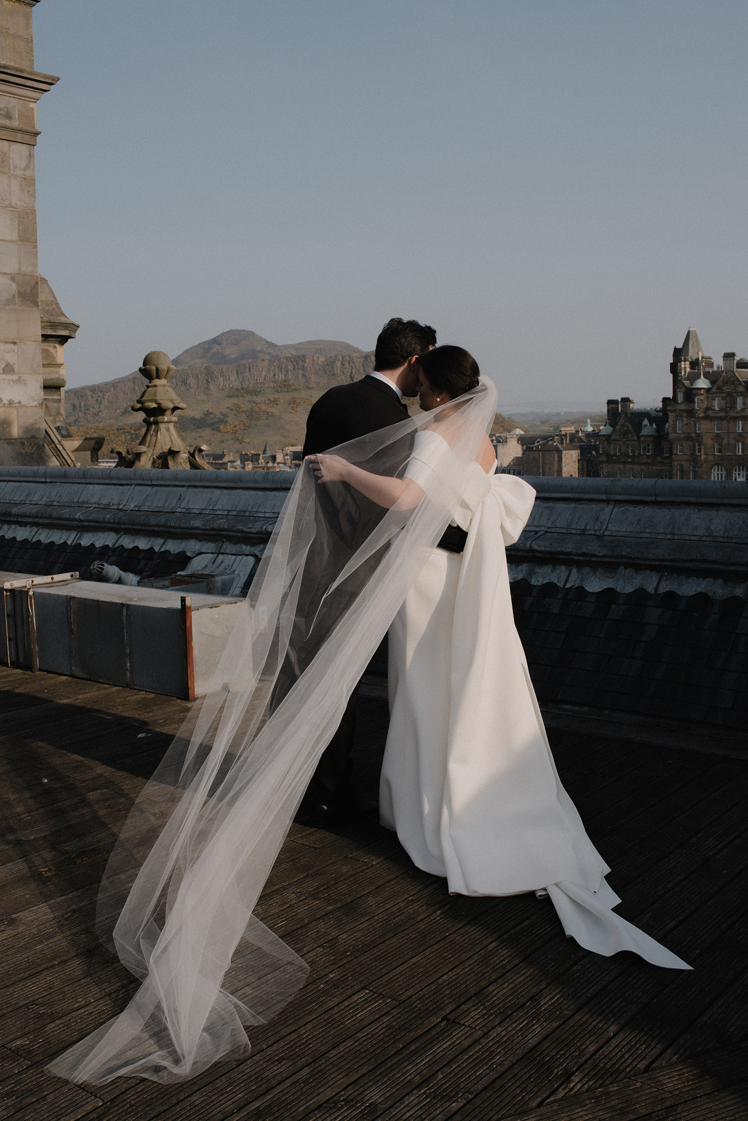 Wedding couple on the rooftop of the Balmoral Hotel.