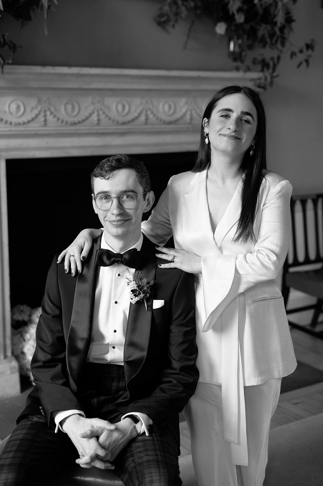 Black and white photo of a wedding couple taken at the RCPE in Edinburgh.