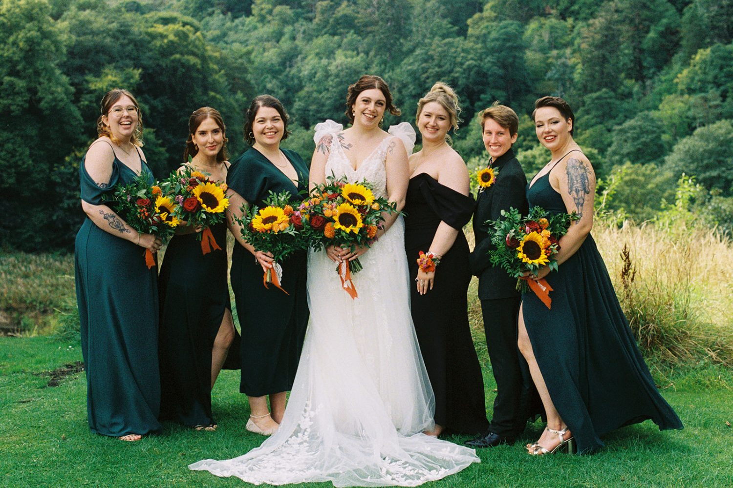 Bride and her bridesmaids captured outside Neidpath Castle.